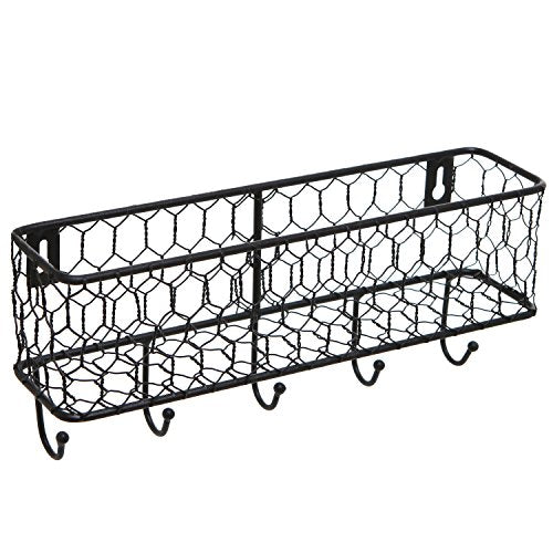 MyGift Wall Mounted Metal Entryway Mail Holder and Key Organizer Rack with 5 Hooks, Decorative Storage Basket and Hanger Hooks for Keys, Lanyard, Keychain, Light Coat
