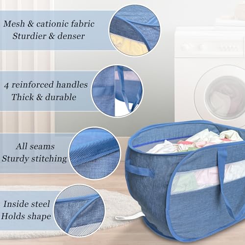 100L Mesh Pop Up Laundry Hampers with Handles, Extra Large Collapsible Laundry Baskets 2 Pack, Portable Travel Laundry Basket, Dirty Clothes Hamper Light Breathable, Bule. 2H - color: Blue, size: 2-Pack Horizontal
