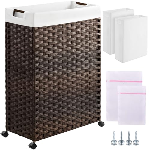 Greenstell Laundry Hamper with Wheels & Handles, 26.4 Gallon (100L) Slim Laundry Basket with 2 Removable Liner Bags & 2 Mesh Bags, Foldable Narrow Clothes Hamper for Bedroom, Bathroom, Closet, Brown - color: Brown, size: 100L (21.7 x 9.8 x 30.7 inches)