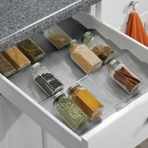 mDesign Expandable Plastic Deluxe Spice Rack, Drawer Organizer for Kitchen Cabinet Drawers, 3 Tier Slanted for Spice Jars, Food Seasoning Bottle Storage, Ligne Collection - Smoke Gray - color: Smoke Tint