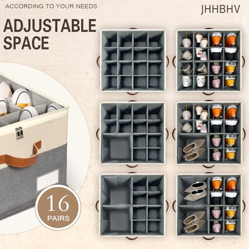 1 Pack Shoe Organizer for Closet, Adjustable Shoe Box Storage Containers, Large Foldable Shoe Bins with Clear Cover, Space Saving Shoes Holder with 4 Handles, Fits 8-16 Pairs, Beige - color: Beige and Grey, size: (1 Pack) 17"L x 17"W x 12 ½"H