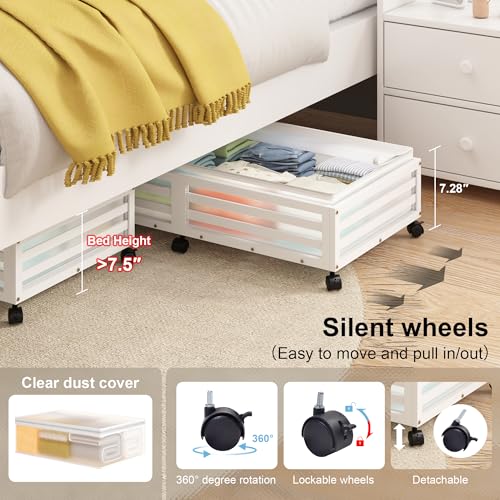 Under Bed Storage with Wheels-Large Bamboo Underbed storage Containers with Large Dust Bag Stackable Under the Bed Shoe Storage Bins for Clothes Books Bedding (2 Packs White, 33.07"L×16.54"W× 6.5"H) - color: 2 Packs White, size: 33.07"L×16.54"W× 6.5"H