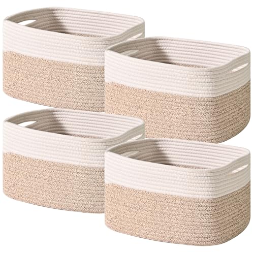 ICERZCZ Storage Baskets for Shelves, Woven Storage Basket, Bins for Cube Storage, Cotton Rope Basket with Handles for Toy, Book, and Clothes Living Room, (4 Packs) Off White & Brown - color: Off White & Brown, size: 12.5"(l)×9.1"(w)×7.9"(h)