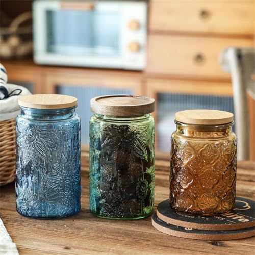 Vintage Glass Storage Jar with Solid Wood Lid - Sunflower Design Kitchen Canister for Coffee, Candy, Laundry Detergent - Cute Food Storage Jar (Green, 34 Ounces) - color: Green, size: 34 Ounces