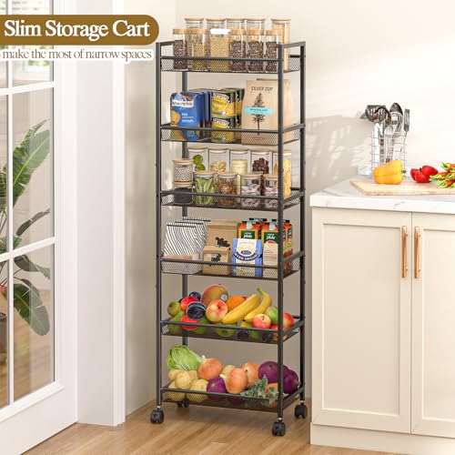 6 Tier Slim Rolling Storage Cart, Narrow Mobile Shelving Unit Organizer Utility Cart with Wheels, Metal Wire Storage Rack with Baskets for Kitchen, Bathroom, Laundry & Living Room, 10in(W) Black - color: Black, size: 6 Tier(10 inches)