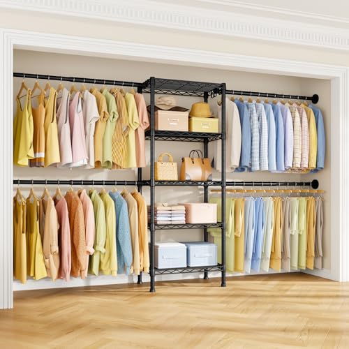 Ulif M2 Wall Mounted Closet System, Clothes Rack Mounted onto the Wall with 4 Expandable Hanger Rods and 5 Metal Shelves, Clothing Organizer Storage in (70.8-102.3)" L x 14.5" D x 71.2" H, Black - color: Black, size: M2