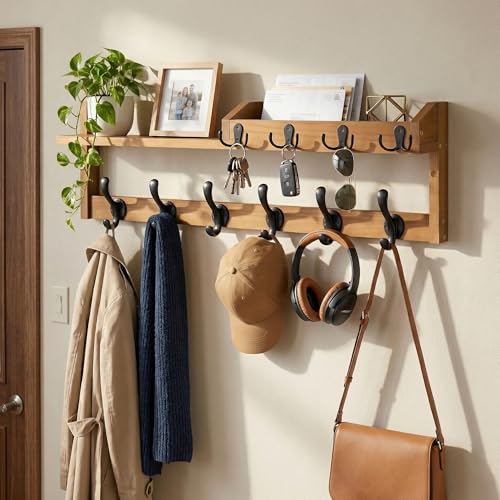 Coat Rack Wall Mount with Shelf, 27.5" Entryway Wall Hanging Shelf, Coat and Key Hanger with 10 Dual Hooks, Mail Organizer and Key Holder Hat Rack for Wall, Wood Coat Hooks with Storage - color: Brown
