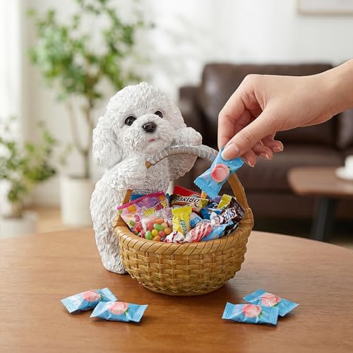 Trinket Tray & Key Holder Bowl for Vanity Dresser Featuring White Poodle - Dog Statue Catchall Storage & Candy Basket - Aesthetic Animal Figurine Home Accent - color: Poodle Holding Basket - White, size: Poodle