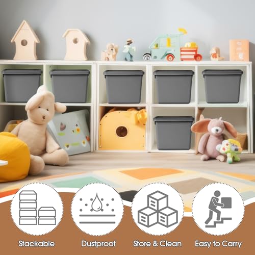 Potchen 6 Pcs Pack Cute Plastic Storage Bins with Lids Decorative Stackable Storage Boxes 9.8" ×7.3" ×5.7" Small Storing Totes for Organizing Craft Office Supplies (Grey) - color: Grey