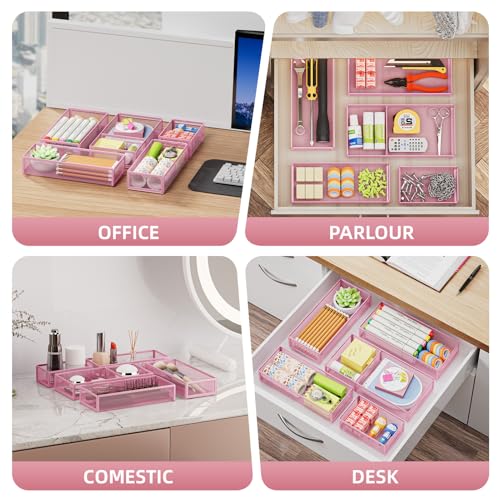 Marbrasse 5 Pack Desk Drawer Organizer Set, Mesh Drawer Storage Trays with 1 Adjustable Divider, Desk Organizers and Accessories, 5 PCS Drawer for Office Supplies, Makeup & Vanity (Pink) - color: Pink