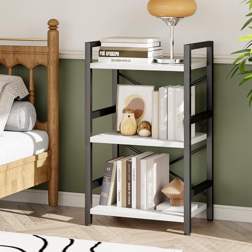 Homeiju Bookshelf, 3 Tier Industrial Bookcase, Metal Small Bookcase, Rustic Etagere Book Shelf Storage Organizer for Living Room, Bedroom, and Home Office(White) Patent Pending D29873033 - color: White, size: 3 Tier