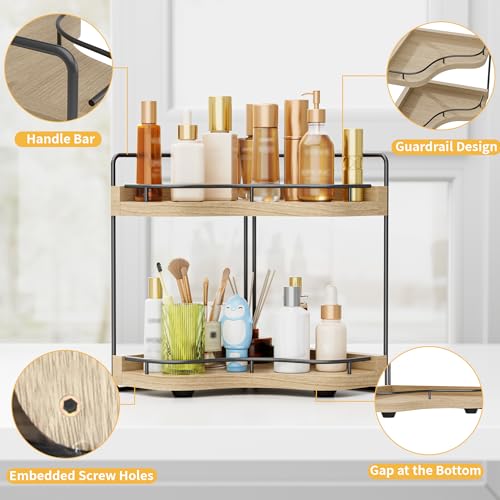 2-Tier Corner Bathroom Counter Organizer with Embedded Screw Holes, Secure & Stable Wood Vanity Shelf for Makeup and Skincare Essentials - Space Saving Bathroom Countertop Storage, ‎‎Light Walnut - color: ‎‎Light Walnut