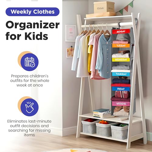 Handy Laundry Hanging Clothes Organizer for Kids - 6-Shelf Closet Daily Clothing Organization Labeled Shelves with Days of The Week Monday Through Friday, Weekday and Weekend (Grey-Colored) - color: Grey-colored