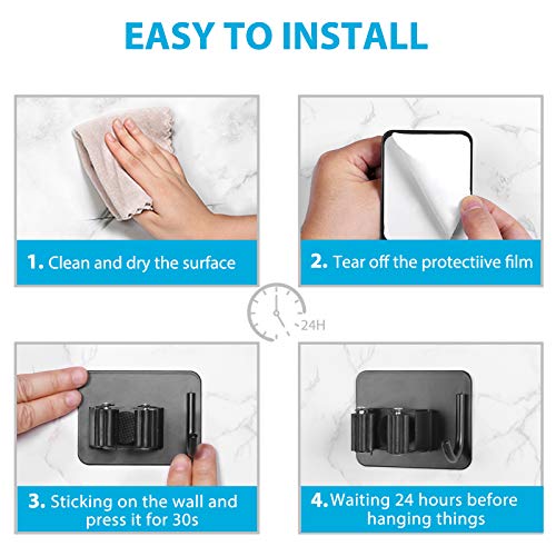 homeasy Mop Broom Holder No Drill, Mop Broom Organizer Wall Mounted Heavy Duty with Hooks Hanger, Self Adhesive Stainless Steel 4Pcs for Bathroom, Kitchen, Office (Black) - color: Black