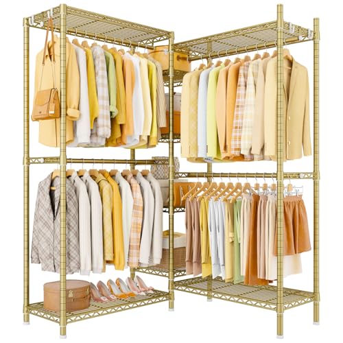 Ulif E4L Corner Clothes Rack, L Shaped Garment Rack, Heavy-Duty Freestanding Closet System with Shelves and Hangers, Max Load 962lbs, 42.7" W x 42.7" D x 79.3" H, Gold - color: Gold