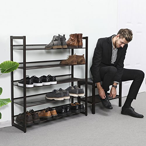 SONGMICS Shoe Rack, 5-Tier Shoe Organizer, Metal Shoe Storage for Garage, Stackable Shoe Shelf, with Adjustable Flat or Angled Shelves, 20-25 Pairs, Bronze ULMR05A - color: Bronze, size: 5 Tiers (36.4''W)