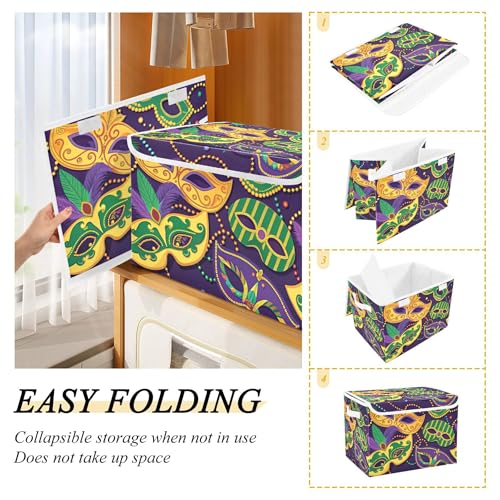 xigua Mardi Gras Mask Storage Bins with Lids and Carrying Handle,Foldable Storage Boxes Organizer Containers Baskets Cube with Cover for Home Bedroom Closet Office - color: Mardi Gras Mask