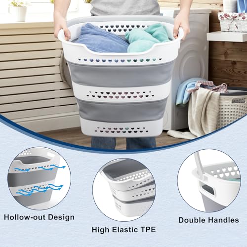 Collapsible Laundry Baskets Foldable Pop Up Laundry Hamper Plastic with Comfort Handles Folding Laundry Basket Space Saving Portable Dirty Clothes Hamper Storage Container/Organizer (Grey, 2 Packs)