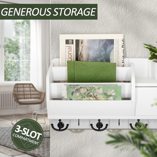 Rebee Vision Key Holder Wall Mount and Mail Organizer : Farmhouse Key and Mail Holder for Wall with Drawer and 7 Key Hooks - Decorative Home Organization for Wall Decor Aesthetic (White) - color: White