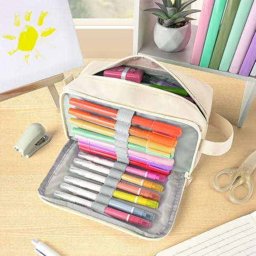 Sooez Original High Capacity Pencil Case, Big Pencil Bag Pouch Box Organizer Pen Case, Aesthetic Supply for Girls Adults, Portable Journaling Supplies with Easy Grip Handle & Loop, Beige - color: Beige