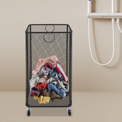 Metal Laundry Storage Cart - Square, Mesh Wire Rolling Laundry Hamper with Wheels & Ring Handles, Clothes or Linen Storage Organizer Hamper Bin Laundry Basket, 12"L x 12"W x 22"H, Black - color: Black, size: Square - 12"W