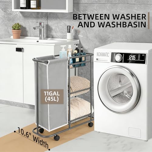 Rolling Laundry Sorter with 3 Storage Baskets and 45 L Bag, 3-Tier Laundry Caddy Between Washer and Dryer,Laundry Room Organization with Wheels and Handle for Narrow Space Bathroom Apartment Dorm - color: Grey