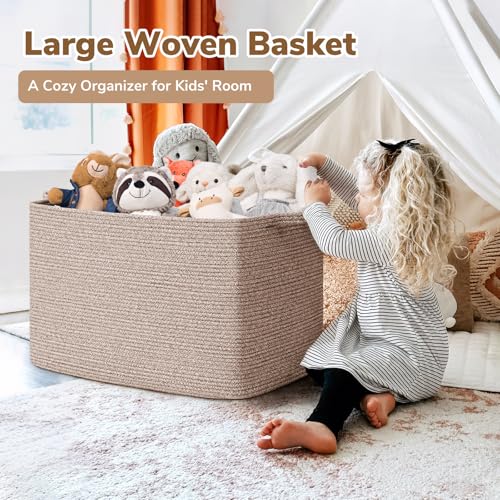 Goodpick 105L Large Woven Storage Basket, Rectangle Cotton Rope Basket for Blankets, Clothes, Oversized Toy Storage Organizer for Living Room, Nursery, 25"x16"x16", Brown - color: Brown, size: XX-Large(25"L x 16"W x 16"H)