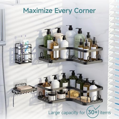 Veken Corner Shower Caddy 4-Pack, Advanced Rustproof Design, No Drilling Adhesive Shelves, Rack with Soap Holder, Large Capacity Bathroom Organizers and Storage, Wall-Mounted Kitchen&Home Decor,Black - color: Black, size: 4-Piece Set(2 Large+2 Small)