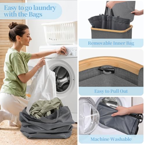Yecaye 100L Large Capacity Laundry Hamper – Foldable Rolling Laundry Basket, Mobile Clothes Hamper with Wheels, Removable Inner Bag, Bamboo Handle Lid Laundry Bin – Multi-Use Storage,Grey - color: grey