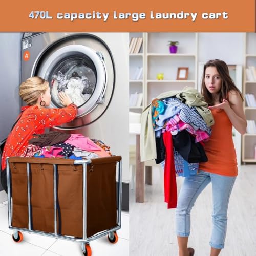 Commercial Laundry Cart with Wheels, 400L Large Capacity Heavy Duty Stainless Laundry Basket,Laundry Sorter for Clothes Storage,330 lbs Load (Brown) - color: Brown