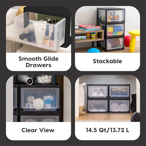 IRIS USA 14.5 Qt. Plastic Drawer Storage Organizer Stacking Drawers, 3-Pack, Stackable Unit with Sliding Drawer for Clothes Bedroom Kitchen Under Sink Pantry Craft Room Bathroom Dorm Office, Black - size: 14 Qt - 3 Pack