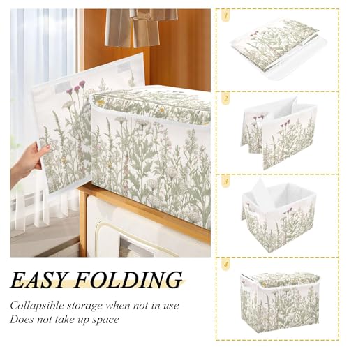 xigua Vintage Colorful Herbs and Wild Flowers Floral Storage Bins with Lids and Carrying Handle,Foldable Storage Boxes Organizer Containers Baskets Cube with Cover for Home Bedroom Closet Office - color: Vintage Colorful Herbs and Wild Flowers Floral