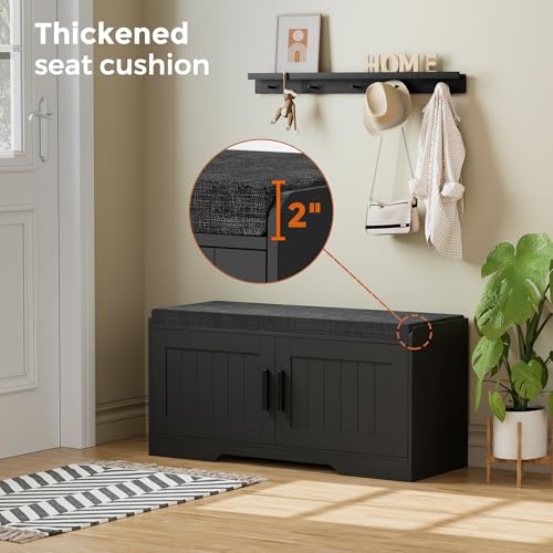 Homleke 2-Tier Storage Bench, Shoe Bench with Thickened Padded Seat Cushion, Entryway Bench with 2 Doors, Adjustable Shelf, 13.8" D x 37.4" W x 18.5" H, for Entryway, Living Room, Bedroom, Black - color: Black, size: 37.4"