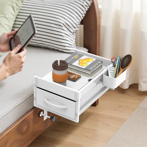 2 Tier Bedside Shelf for Dorm Bunk Bed, Under Mattress Bedside Shelf Clip On Nightstand with Fabric Drawer, Bed Side Table Tray Organizer, Bedside Tray with Cable Management, Back to School (white) - color: White