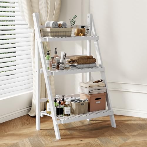 oakvivo Bamboo Bookshelf 3-Tier Ladder Shelf, 39.4” Freestanding Open Bookcase Book Shelf Bathroom Storage Shelf Unit Plant Stand for Small Space, Living Room, Bedroom, Home Office, White - color: 3-tier White