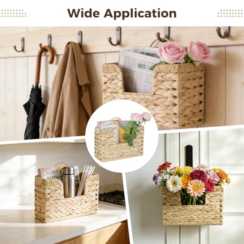 Hanging Basket for Wall, Rattan Woven Hanging Basket Front Door Decor, Water Hyacinth Mail Baskets Wall Mounted Storage Entryway Organizer for Living Room, Bedroom, Office, Housewarming Gift