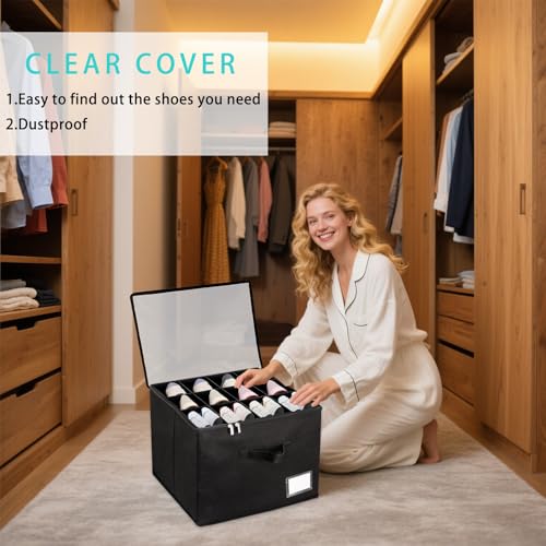 Shoe Organizer for Closet, Fits up to 12 Pairs, Foldable Shoe Storage Containers with Clear Cover, Large Adjustable Shoe Box Organizers, Space Saving Shoes Holder