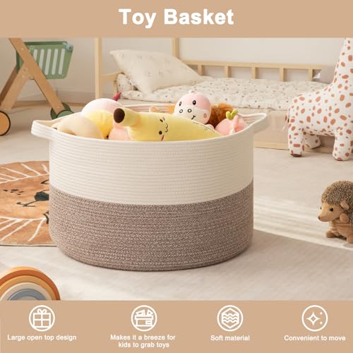 OIAHOMY 115L Extra Large Blanket Basket, 23.6" x 15.4" Woven Cotton Rope Laundry Basket for Organizing Pillows, Decorative Stuffed Animal Toy Storage Bin for Nursery, White and Linen Brown - color: White and Linen Brown, size: 23.6"D x 15.4"H