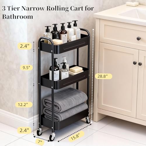 3 Tier Slim Metal Rolling Storage Cart for Laundry Room & Kitchen Organizer, 7.1'' Thin Standing Shelf for Narrow Spaces, Utility Cart with Wheels & Lockable Casters for Bathroom, Black - color: Black, size: 3 tier