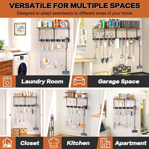 Broom Holder Wall Mount with Cleaning Supplies Organizer, Laundry Room Organization and Storage Shelves with Mop Hanger Rack Gripper Hooks, Utility Shelf Closet Organizer for Home Garage Kitchen - size: Large