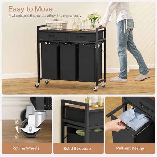 Laundry Sorter 3 Section, 120 L Laundry Hamper with 2 Drawers & 2-tone Top Panel, Rolling Laundry Basket Organizer with Pull-Out Removable Oxford Fabric Bags for Laundry Room Organization UNZYL006BVV3 - size: 120 L