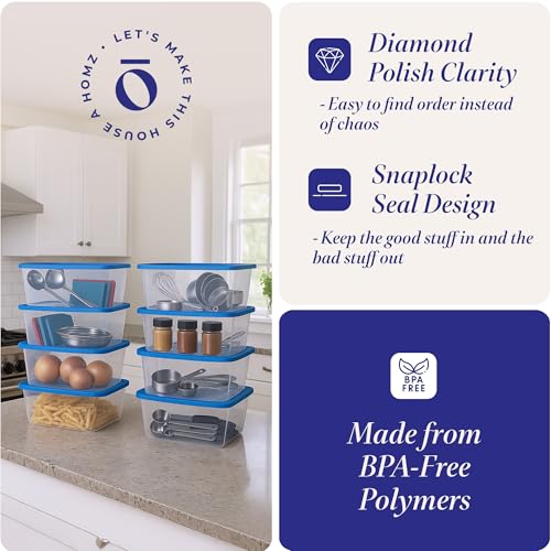 HOMZ 10-Pack Snaplock, Small Clear Plastic Storage Organizer Bins w/Lids, 6 Quart, Blue - Stackable Container Boxes for Bedroom, Bathroom, Garage, and Office Organization - color: Blue Lid, size: 6 QT (10 Pack)