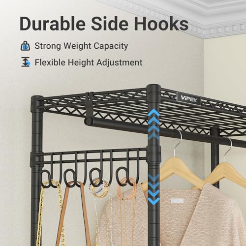 VIPEK R2 Plus Heavy Duty Rolling Garment Rack 3 Tiers Adjustable Wire Shelving Clothes Rack with Double Rods and Side Hooks, Freestanding Wardrobe Storage Rack Metal Clothing Rack, Black - color: Black, size: R2 Plus