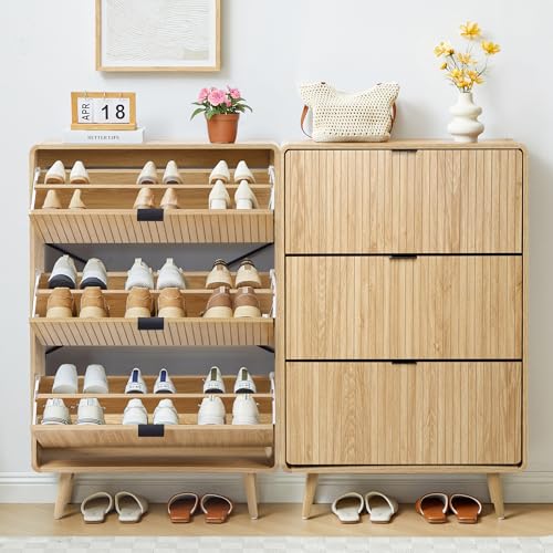 FurSch Fluted 47 Inch Tall Shoe Cabinet with 3 Flip Drawers, Narrow Hidden Shoe Storage Organizer Rack for Entryway Hallway (All Natural) - color: All Natural
