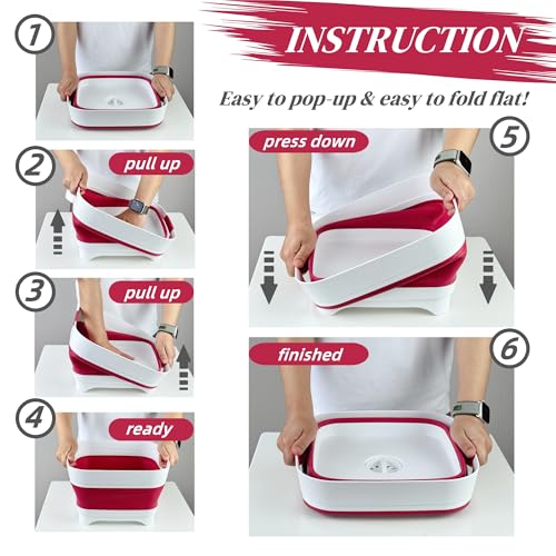 GIMWA 2.6 Gal(10L) Collapsible Camping Sink, Magenta Space-Saving Collapsible Dish Basin with Drain Plug for bottle washing, Collapsible Bucket for RV Essentials and Foot Soaking - color: Magenta