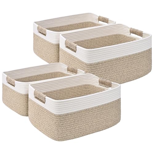 4 Pack Large Storage Basket for Organizing, 17.5"x13"x7" Woven Basket for Shelves, Closet Cube Storage Bins with Wrapped Handle, Cotton Rope Baskets for Kitchen, Clothes, Toys(Off White & Brown) - color: Off White & Brown, size: 4 Pack