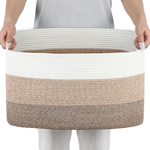 75L Large Woven Storage Basket, Cotton Rope Laundry Hamper with Handles, 22”x17”x12” Rectangle Blanket Basket for Toys, Clothes, Pillows, Nursery and Living Room, Gradient Brown/White - color: Gradient Brown/White
