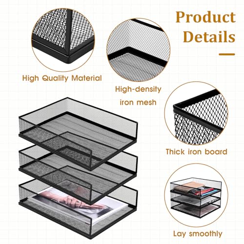 3 Pcs Black Metal Letter Tray, 3-Tier Stackable Paper Tray, Metal Mesh Desktop Organizer, Single Wire Mesh Organizer Front Load File Paper Holder, File Document Storage Rack for Office, School, Home