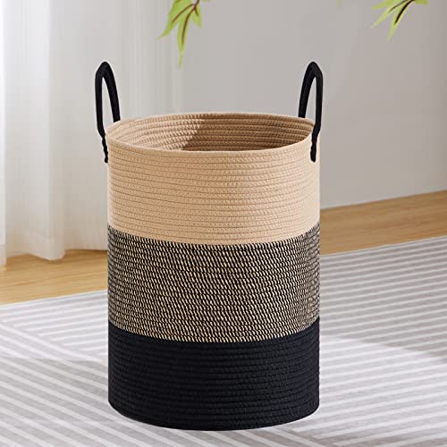 VIPOSCO Large Laundry Hamper, Tall Woven Rope Storage Basket for Blanket, Toys, Dirty Clothes in Living Room, Bathroom, Bedroom - 58L Brown & Black - color: Brown & Black, size: 58L