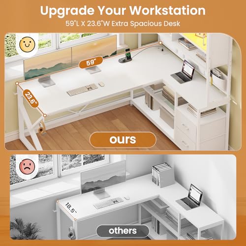 SEDETA L Shaped Gaming Desk, Home Office Computer Desk with 2 Drawer and Bookshelf, L Shaped Gaming Corner Desk with LED Light, Glass Cabinet,Storage Bag and Storage Shelves, White - color: White
